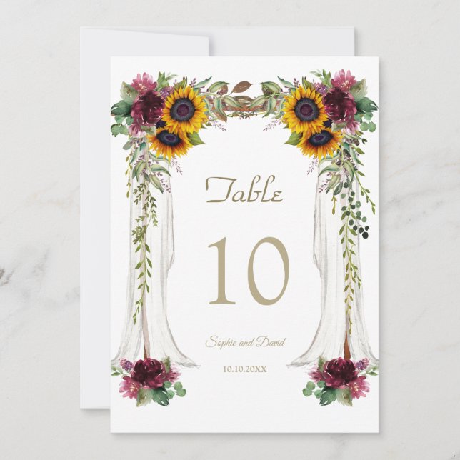 Invitación Burgundy Canopy Sunflowers Boda de mesa número (Anverso)