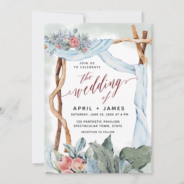 Invitación Burgundy Cascada Rosa Rústica Puerta de Madera Flo (Anverso)