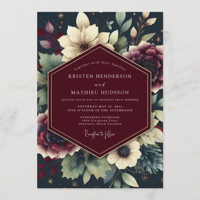 Invitación Burgundy Celestial Floral Wedding (Anverso)