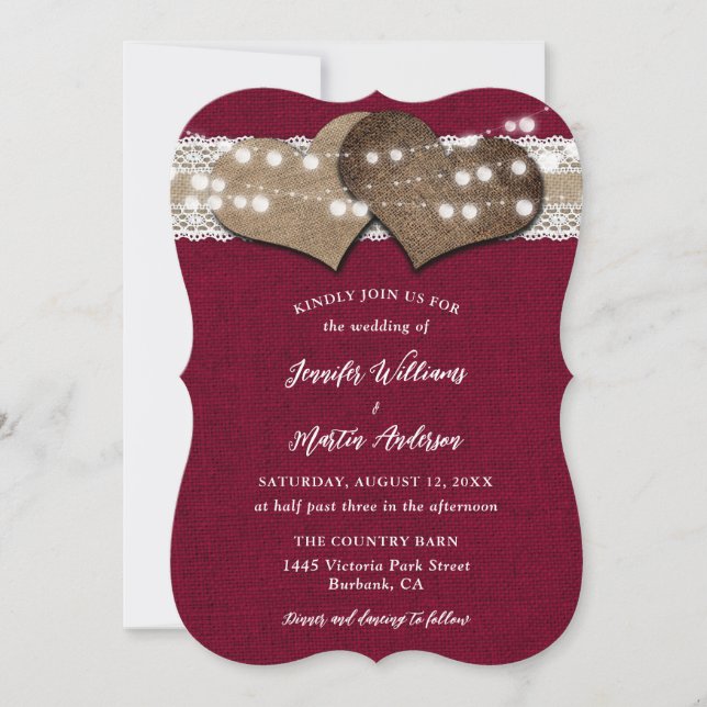 Invitación Burgundy Country Burlap Lace String Luces Boda (Anverso)