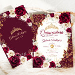 Invitación Burgundy Cream Gold Floral Chic Quinceanera<br><div class="desc">Elegant chic burgundy cream white and gold Quinceanera celebration invitation. Features,  script font,  gold butterflies,  watercolor burgundy and ivory cream white roses and tiara. Perfect for an elegant princess style glam celebration. Personalize with your own details. Printed Zazzle invitations or instant download digital printable template.</div>