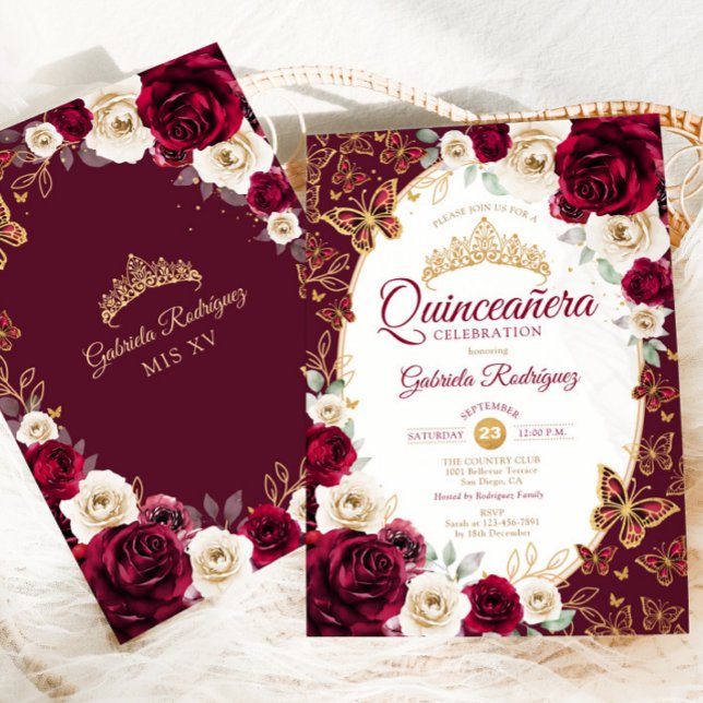 Invitación Burgundy Cream Gold Floral Chic Quinceanera (Subido por el creador)