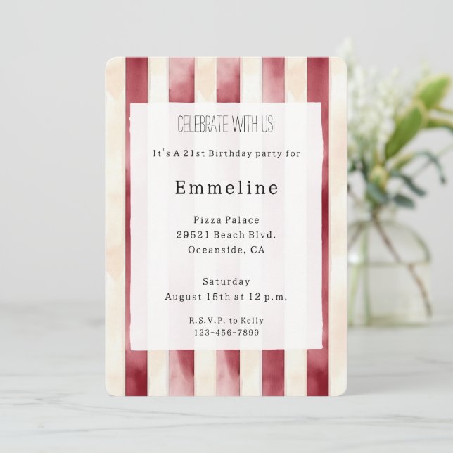 Invitación Burgundy Cream Stripes Cumpleaños (Anverso de pie)