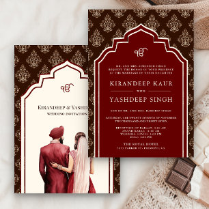 Invitación Burgundy Crema Marrón Ikat Anand Karaj Boda Sikh