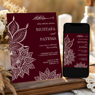 Invitación Burgundy Crema Mehndi Henna Boda Musulmana