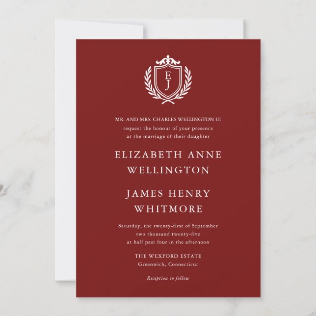 Invitación Burgundy Crest Wedding Custom Initials (Anverso)