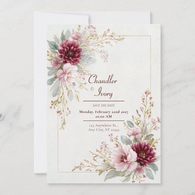Invitación Burgundy Dahlia Pink Rose Gold Frame Wedding (Anverso)