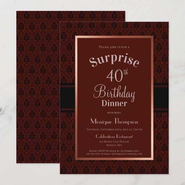 Invitación Burgundy Damask Sorpresa 40 cumpleaños cena (Anverso / Reverso)