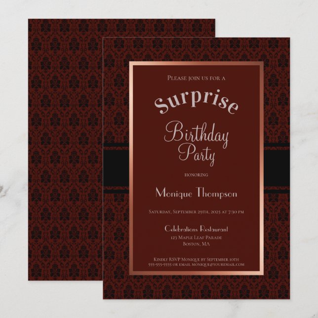 Invitación Burgundy Damask Surprise Cumpleaños (Anverso / Reverso)