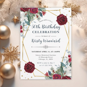 Invitación Burgundy de Invierno y Floral Blanco Cumpleaños 50