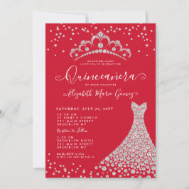 Invitación Burgundy Diamond Sparkle Tiara Gown Quinceanera