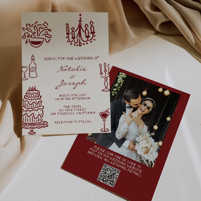 Invitación Burgundy Dibujado Código QR Foto Caprichoso Boda (Subido por el creador)