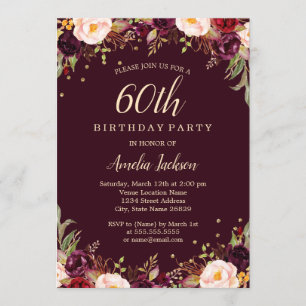 Invitación Burgundy Dorado Fiesta de Cumpleaños Elegante Flor
