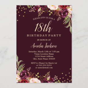 Invitación Burgundy dorado floral Brillo 18 cumpleaños
