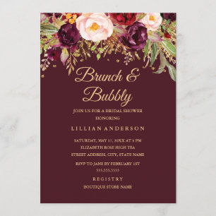 Invitación Burgundy Dorado Floral Brunch Con Brillo Y Burbuja