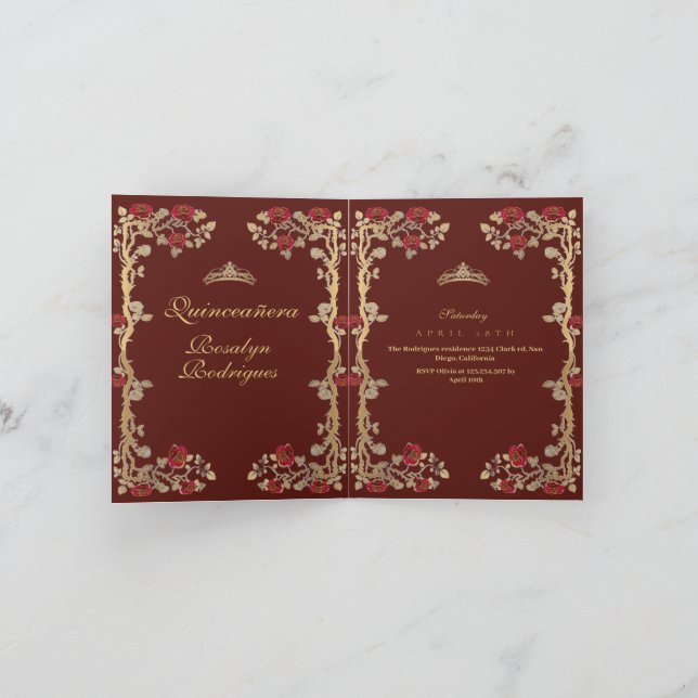 Invitación Burgundy dorado y Quinceañera dorada (Interior)
