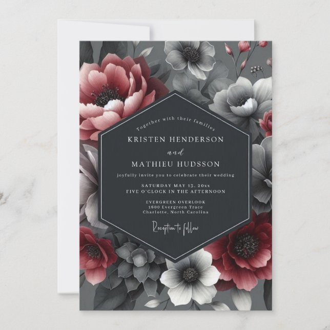 Invitación Burgundy Dramatic Bloom Wedding (Anverso)