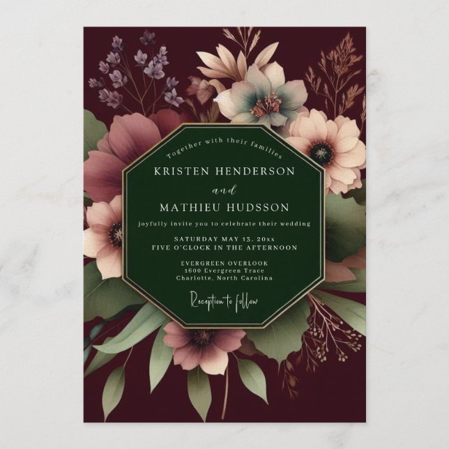 Invitación Burgundy Dramatic Floral Wedding (Anverso)