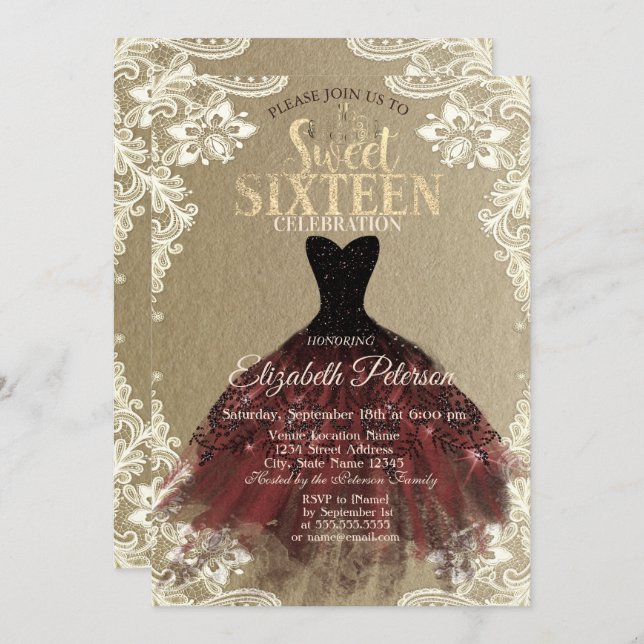 Invitación Burgundy Dress,Crown,Lace Kraft Sweet 16 Party (Anverso / Reverso)