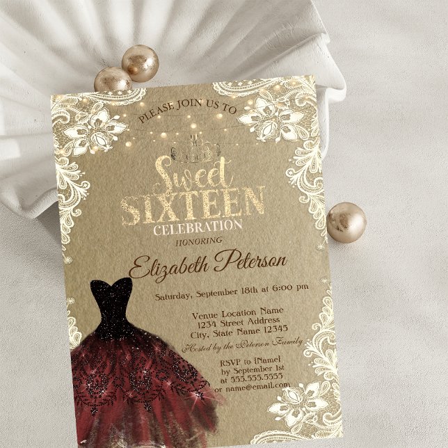 Invitación Burgundy Dress,Lights,Lace Kraft Sweet 16 Party (Subido por el creador)