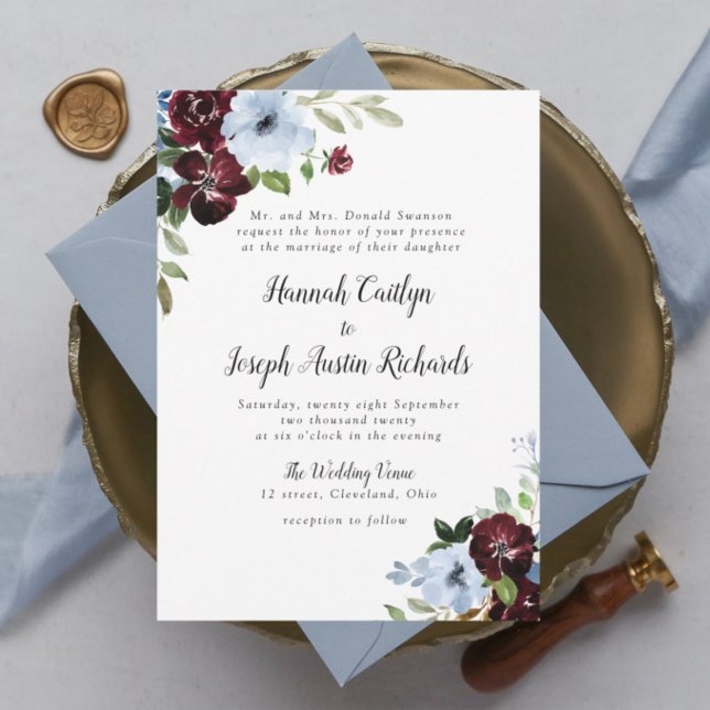 Invitación burgundy dusty blue floral wedding invitation (Subido por el creador)