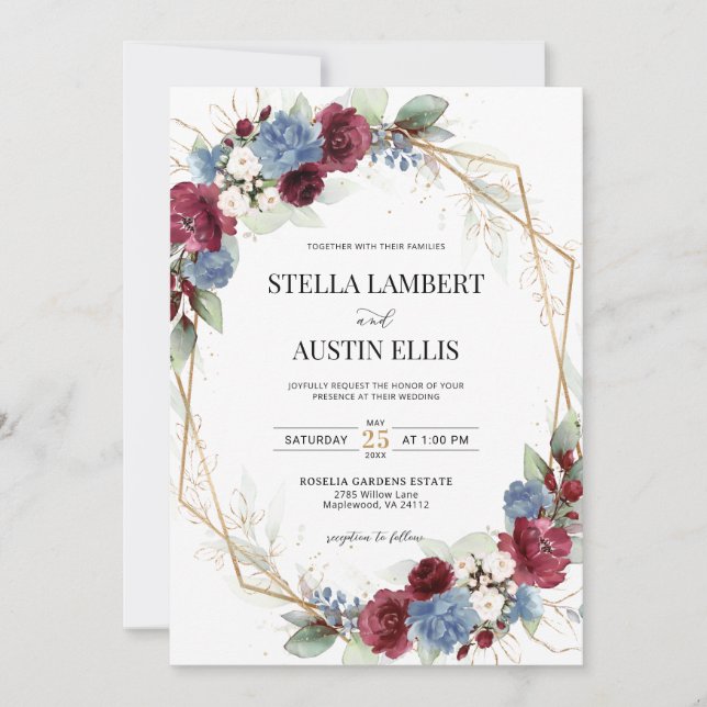 Invitación Burgundy Dusty Blue Geometric Digital Invitation (Anverso)