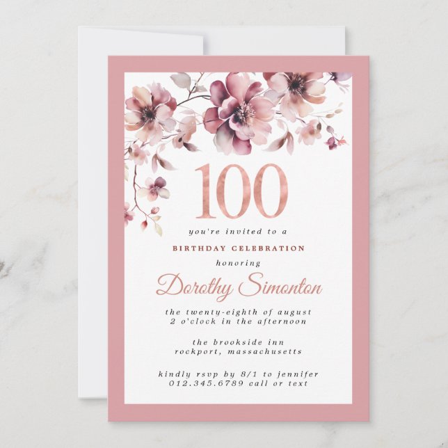 Invitación Burgundy Dusty Floral Rosa 100 cumpleaños (Anverso)