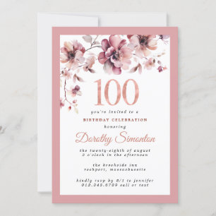 Invitación Burgundy Dusty Floral Rosa 100 cumpleaños