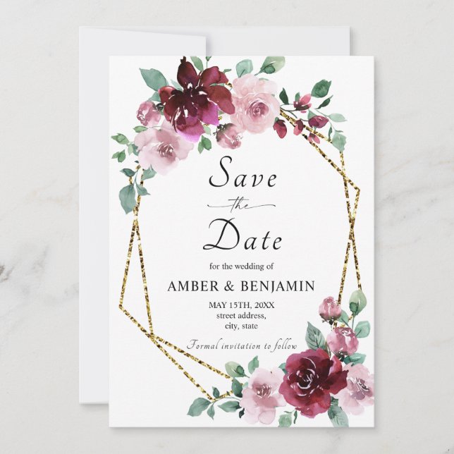 Invitación Burgundy Dusty Rosa Floral Gold Salvar La Fecha (Anverso)