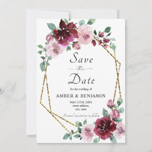 Invitación Burgundy Dusty Rosa Floral Gold Salvar La Fecha