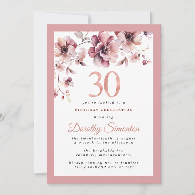 Invitación Burgundy Dusty Rubor Pink Floral 30 cumpleaños (Anverso)