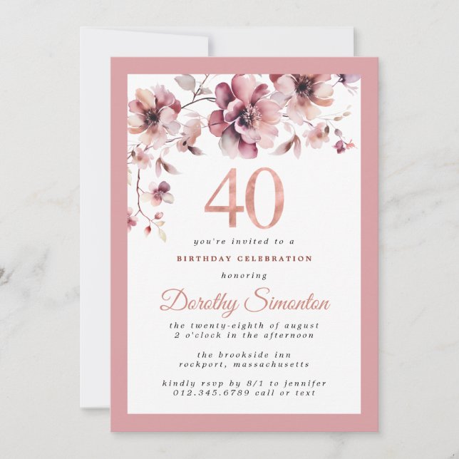 Invitación Burgundy Dusty Rubor Pink Floral 40 cumpleaños (Anverso)