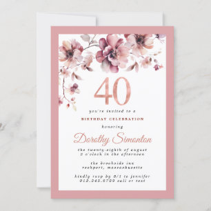 Invitación Burgundy Dusty Rubor Pink Floral 40 cumpleaños