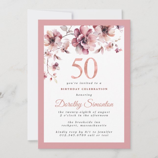 Invitación Burgundy Dusty Rubor Pink Floral 50 cumpleaños (Anverso)