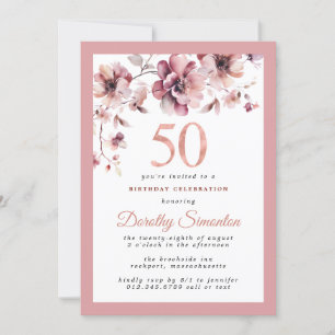 Invitación Burgundy Dusty Rubor Pink Floral 50 cumpleaños