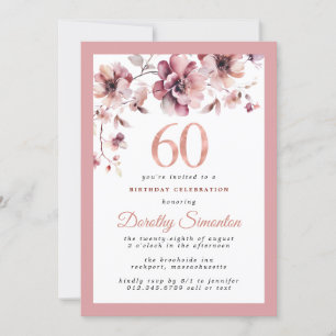 Invitación Burgundy Dusty Rubor Pink Floral 60 cumpleaños