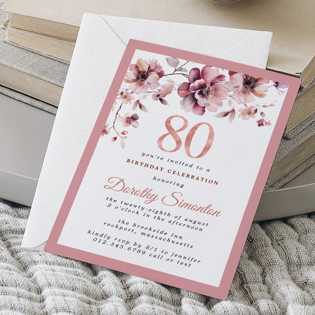 Invitación Burgundy Dusty Rubor Pink Floral 80 cumpleaños (Subido por el creador)