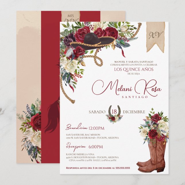 Invitación Burgundy Elegant Charro Español Quinceanera (Anverso / Reverso)