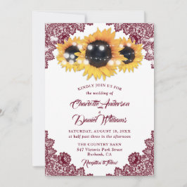 Invitación Burgundy Elegant Floral Lace Sunflower Wedding