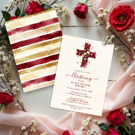 Invitación Burgundy Elegant Glitter Floral Cross Baptism