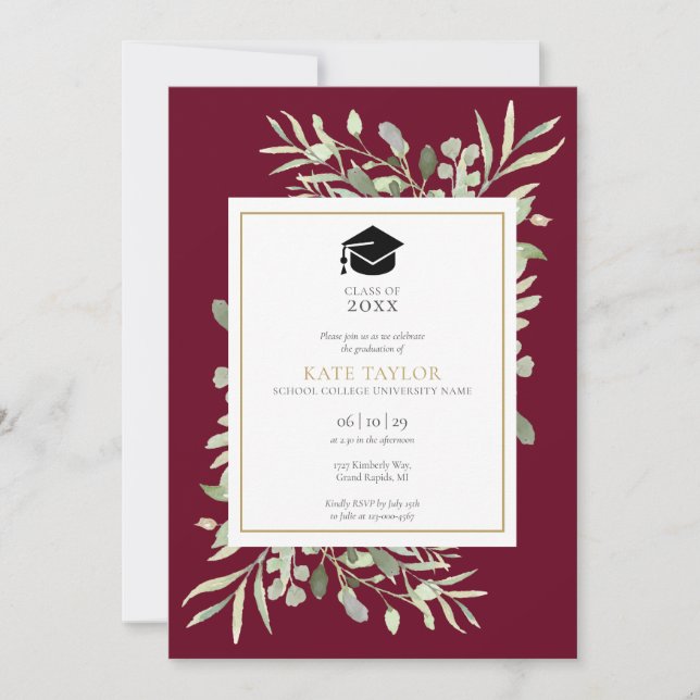 Invitación Burgundy Elegant Greenery Photo Graduation Party I (Anverso)