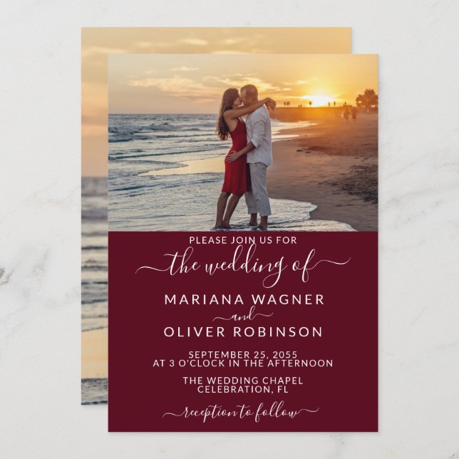 Invitación Burgundy Elegant Script Photo Boda (Anverso / Reverso)