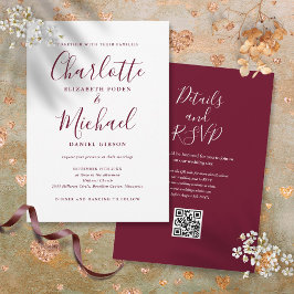 Invitación Burgundy Elegant Script QR Code Boda