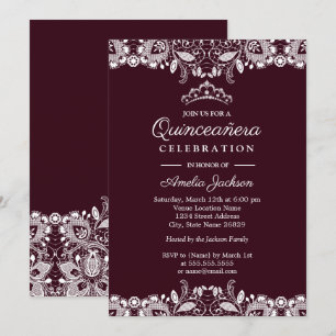 Invitación Burgundy Encaje Blanco Vintage Quinceanera