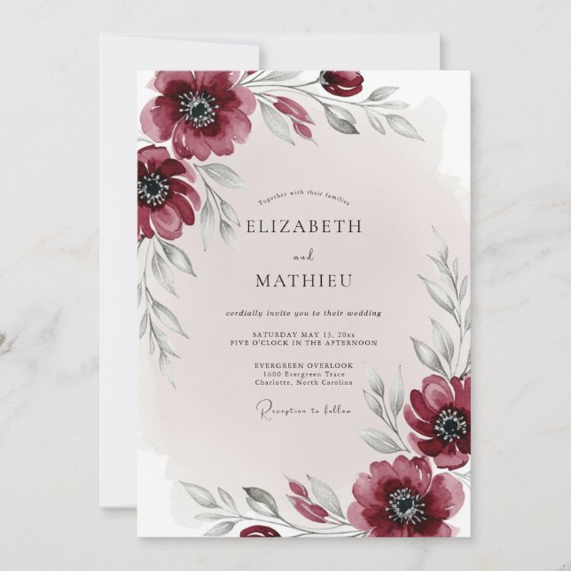 Invitación Burgundy Ethereal Winter Wedding (Anverso)