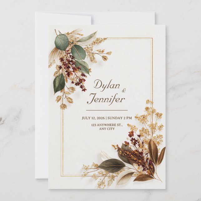 Invitación Burgundy Eucalyptus Gold Dried Floral Wedding (Anverso)