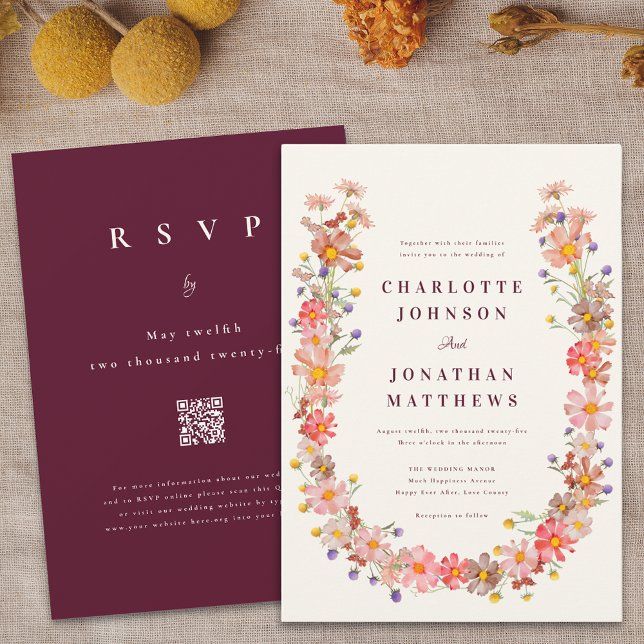 Invitación Burgundy Fall Boho Boda de código QR floral ruso (Boho wildflower wreath burgundy fall floral wedding invitation elegant stylish bohemian )
