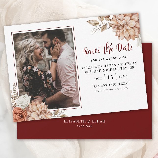 Invitación Burgundy Fall Floral Photo Wedding Save the Date (A beautiful fall save the date for your upcoming wedding.)