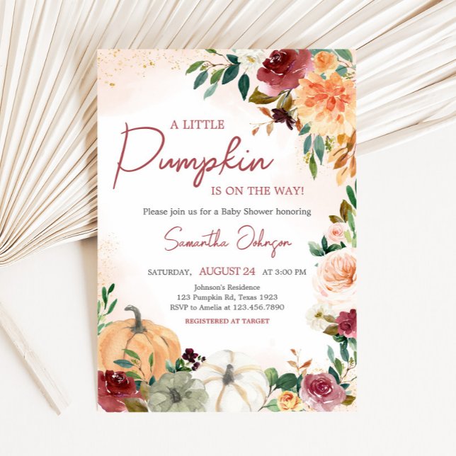 Invitación Burgundy Fall Floral Pumpkin Baby Shower (Fall Floral Pumpkin Baby Shower Invitation)