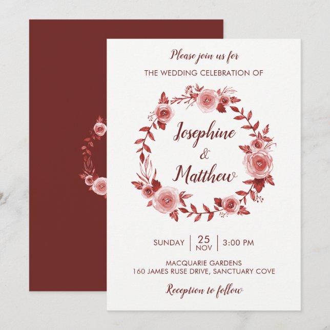 Invitación Burgundy Fall Floral Wreath Boda (Anverso / Reverso)
